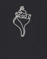 Girls Shell Embroidered Rib Tank Top - Black