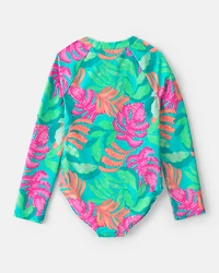 Girls Tropical Long-Sleeve 1-Piece Rashguard Swimsuit - Teal