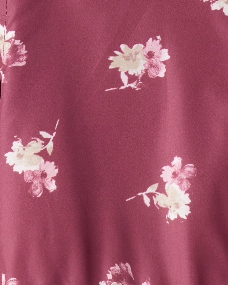 Girls Floral Print Anorak Jacket - Burgundy