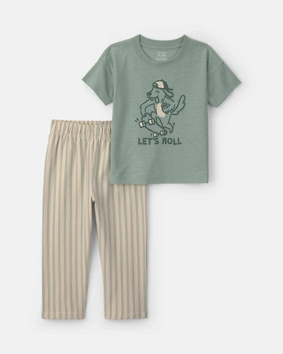 Toddler Boy 2-Piece Skateboard Short-Sleeve Top & Pant Set – Green/Cream
