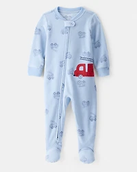 Baby Boy Firetruck Print Loose Fit 2-Way Zip 1-Piece Pyjamas - Blue
