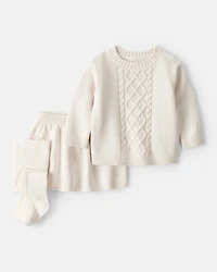 Baby Girl 3-Piece Cableknit Long-Sleeve Top & Skirt Set - Cream