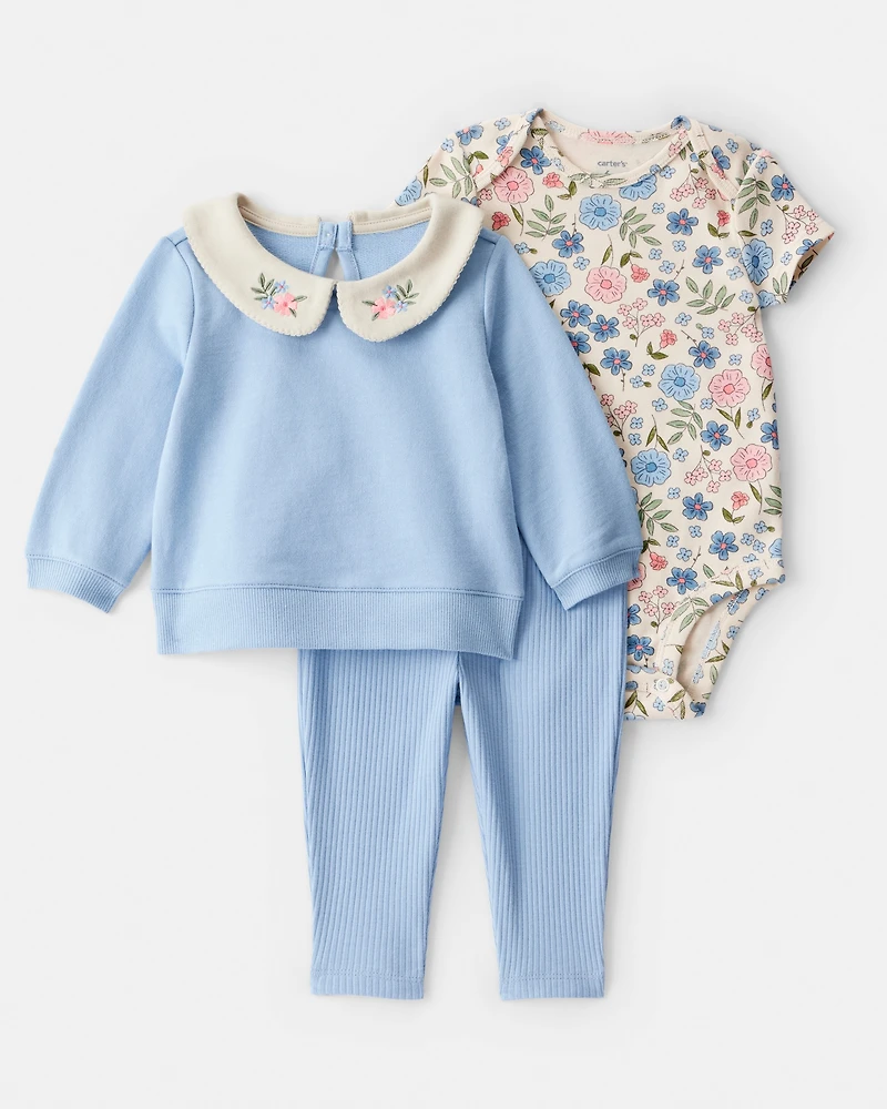 Baby Girl 3-Piece Floral Collared Cardigan Outfit Set - Blue