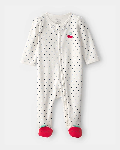 Baby Girl Cherry 2-Way Zip 100% Cotton Sleeper - White