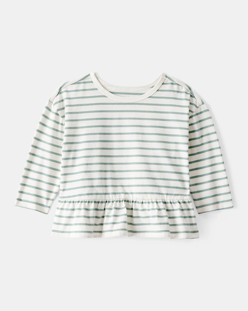 Baby Girl Striped Long-Sleeve Peplum Top - Green