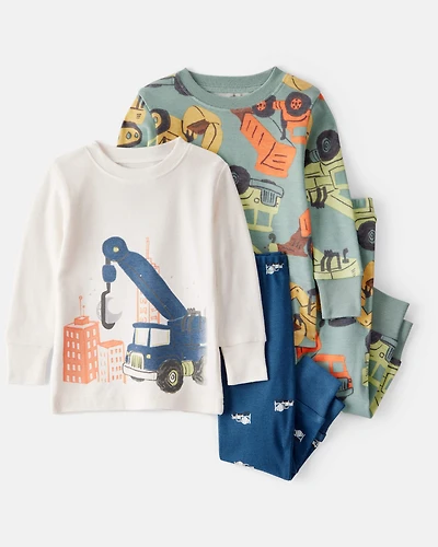 Baby Boy Construction Print 100% Cotton Long-Sleeve 4-Piece Pyjamas - Blue/White/Navy