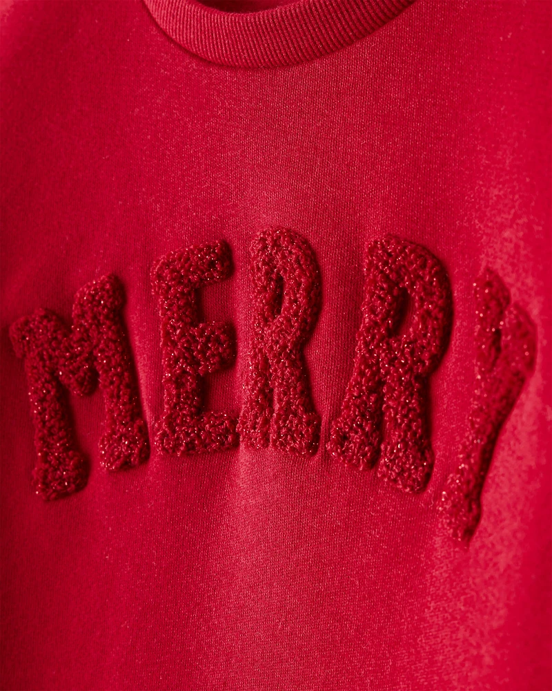 Girls Christmas Merry Long-Sleeve Pullover Sweatshirt - Red