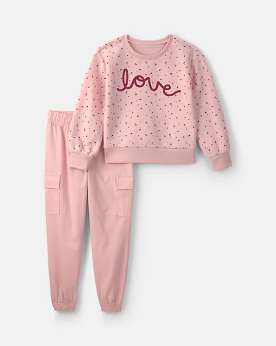 Girls 2-Piece 'Love' Fleece Long-Sleeve Top & Pant Set - Pink