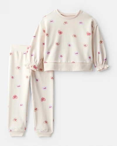 Toddler Girl DayDream Fleece Candy Heart French Terry Pullover & Pant Set - Cream