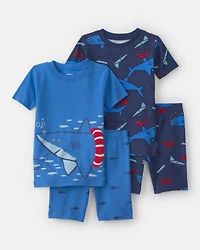 Baby Boy Shark 100% Cotton Short-Sleeve Snug Fit 4-Piece Pyjama Set - Blue