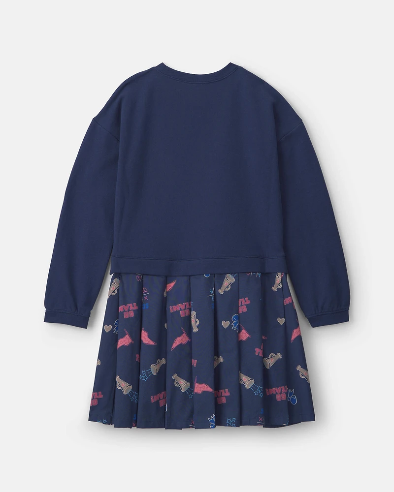 Girls Long Sleeve Cheer Print Dress - Navy