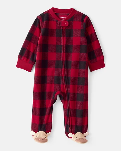 Baby Plaid Print Reindeer Christmas Loose Fit Long-Sleeve Sleeper - Red