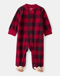 Baby Plaid Print Reindeer Christmas Loose Fit Long-Sleeve Sleeper - Red