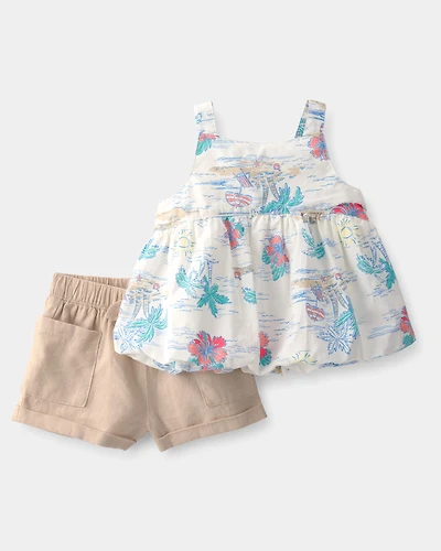 Baby Girl 2-Piece Palm Tree Tropical Sleeveless Top & Short Set - Brown/White