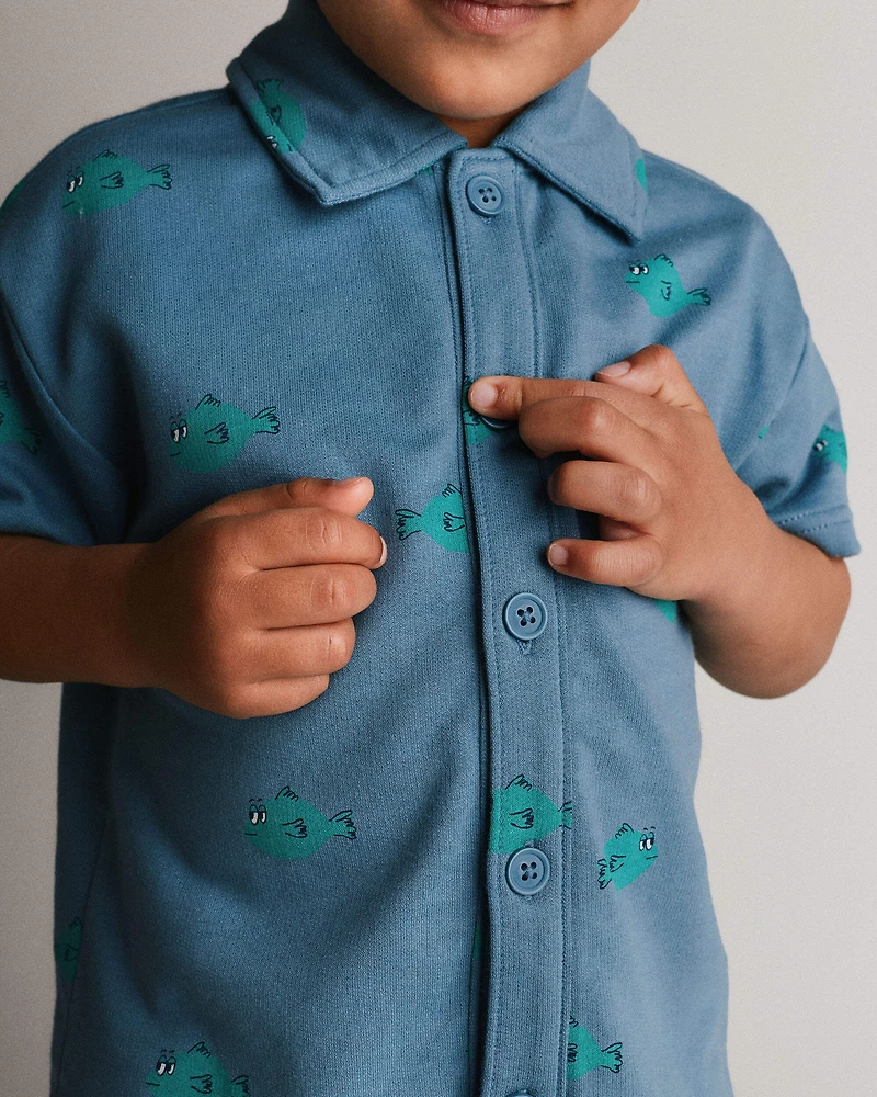 Toddler Boy Button-Down Short-Sleeve Shirt Fish Print - Slate