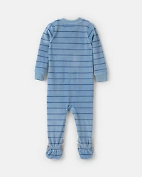 Baby Boy 1-Piece Striped Raccoon 2-Way Zip DreamPlush Snug Fit Footed Pyjama - Blue