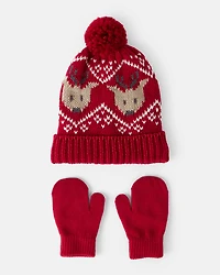Toddler Boy Reindeer Print Winter Hat & Mittens Set
