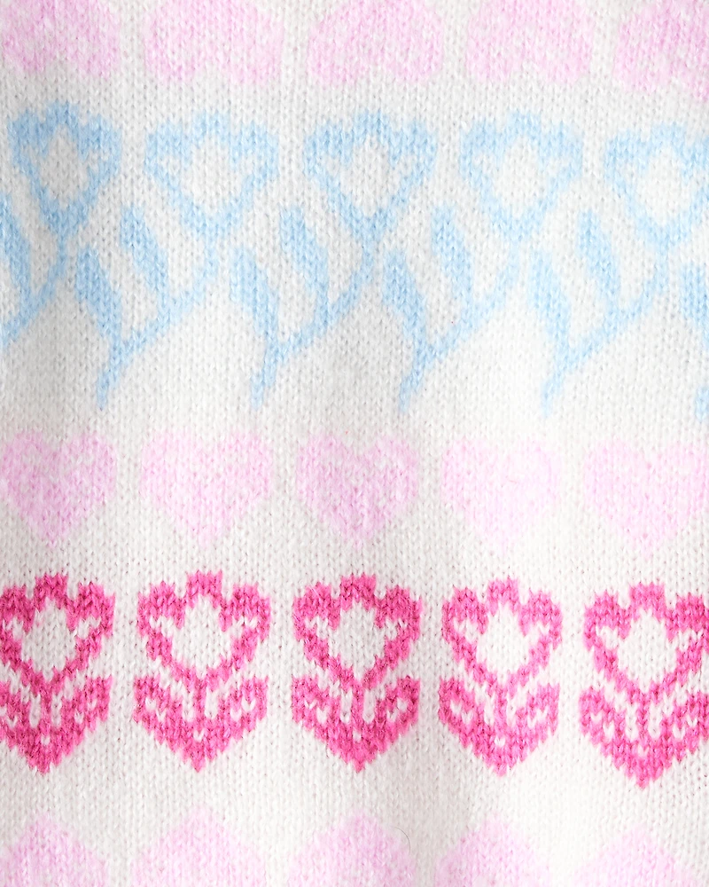 Toddler Girl Floral Fairisle Sweater - Pink/White