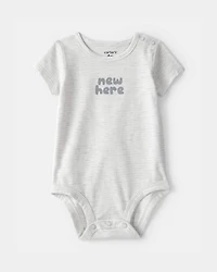 Baby 'New Here' Graphic Bodysuit - Grey