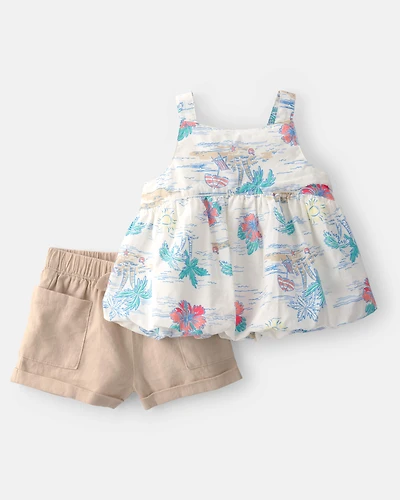 Baby Girl 2-Piece Palm Tree Tropical Sleeveless Top & Short Set - Brown/White