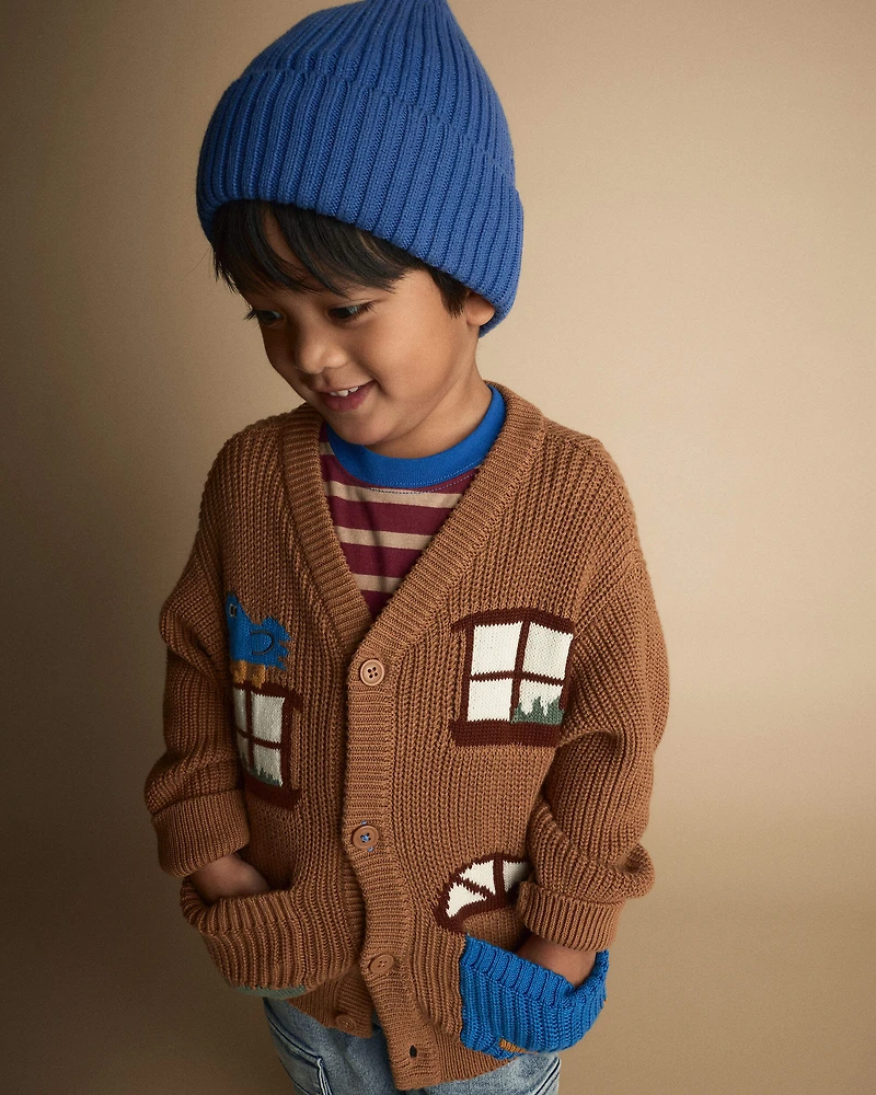 Toddler Cardigan with Avenue Pockets House Print - Brown