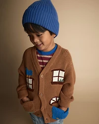 Toddler Cardigan with Avenue Pockets House Print - Brown