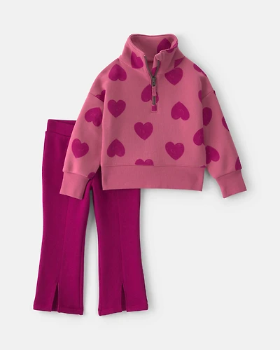 Toddler Girl 2-Piece Heart Fleece Quarter-Zip & Pant Set – Pink