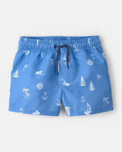 Toddler Boy Sailboat Swim Trunks - Blue