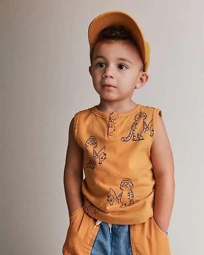 Toddler Boy Henley Tank Fishing Tiger Print - Mustard Yellow