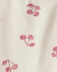 Girls Cherry Print Cotton Pull-On Stretch Leggings - Ivory