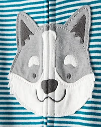 Baby Boy Dog Striped 100% Cotton Snug Fit 2-Way Zip 1-Piece Pyjamas - Blue