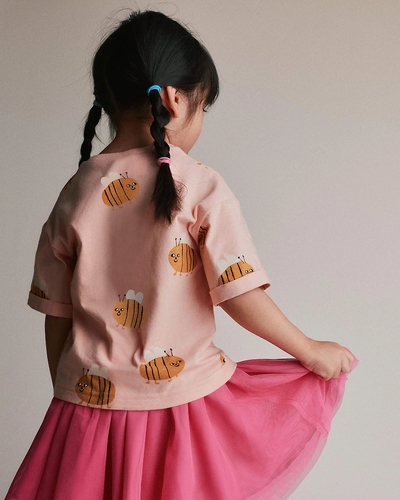 Toddler Girl Rolled Cuff Tee Bee Print - Light Pink