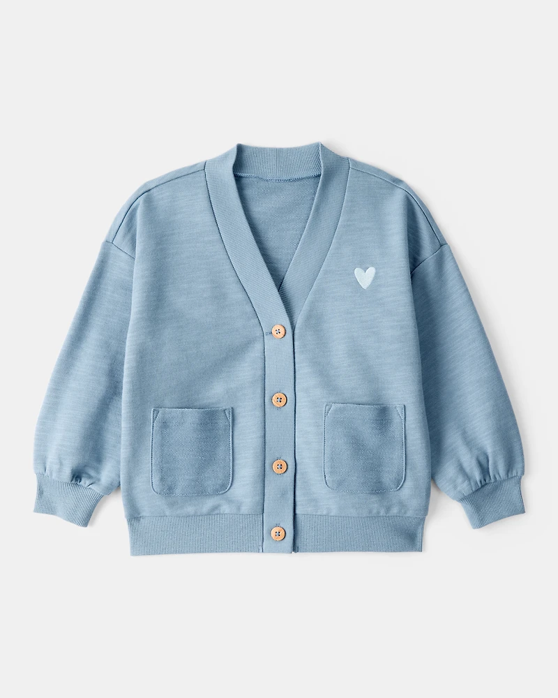 Toddler Girl Heart Cotton Long-Sleeve Cardigan Sweater - Blue