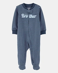 Baby Boy Striped Little Bro 2-Way Zip Cotton Sleeper - Navy Blue