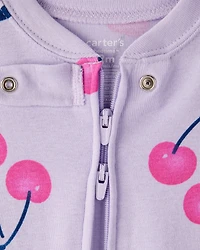 Baby Girl Cherry 100% Cotton Snug Fit 2-Way Zip Footie 1-Piece Pyjamass - Purple