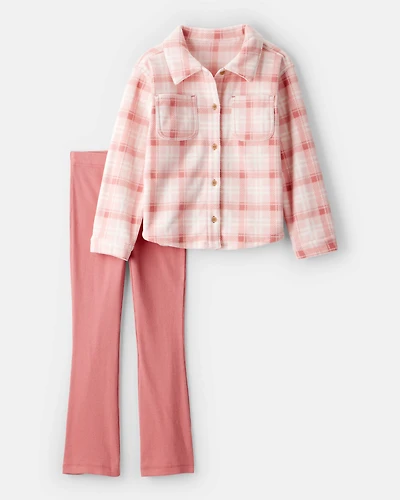 Girls 2-Piece Plaid Long-Sleeve Tee & Pant Set - Pink