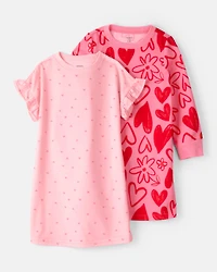 Girls Heart Floral Loose Fit Night Gown - Pink