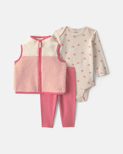 Baby Girl 3-Piece Colour Block Teddy Fleece Layering Set - Pink