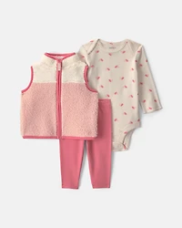 Baby Girl 3-Piece Colour Block Teddy Fleece Layering Set - Pink