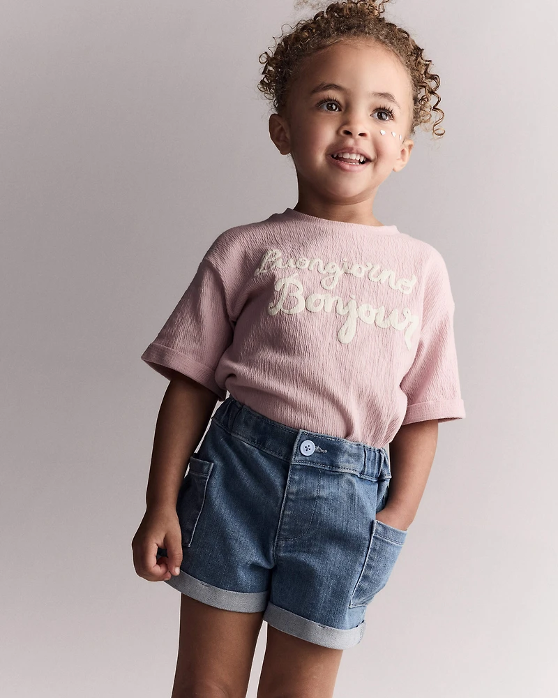 Toddler Girl 'Buongiorno, Bonjour' Rolled Cuff Tee - Light Pink