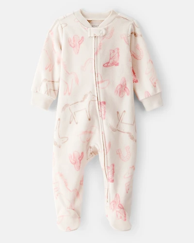 Baby Girl Cowgirl Print Loose Fit Long-Sleeve Sleeper - White