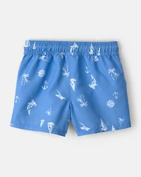 Toddler Boy 2-Piece Long-Sleeve Rashguard & Sailboat Swim Trunks Set - Blue/White