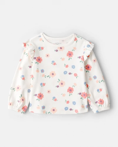 Baby Girl Floral Cotton Ruffle Long-Sleeve Top - White