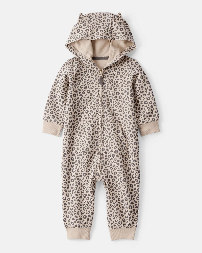 Baby Girl Cat Leopard Print Cotton Long-Sleeve Hooded Jumpsuit - Brown