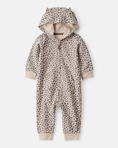 Baby Girl Cat Leopard Print Cotton Long-Sleeve Hooded Jumpsuit - Brown