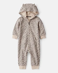 Baby Girl Cat Leopard Print Cotton Long-Sleeve Hooded Jumpsuit - Brown