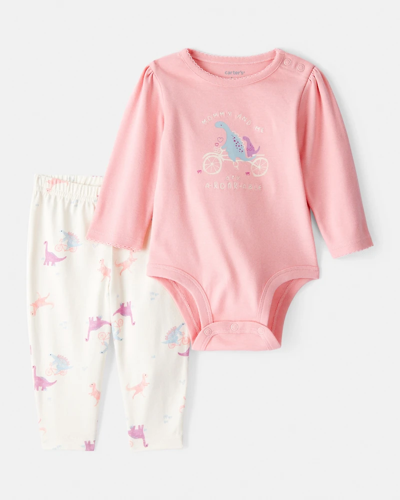 Baby Girl Dinosaur Print Cotton Long-Sleeve Tee & Pant Set - Pink/White