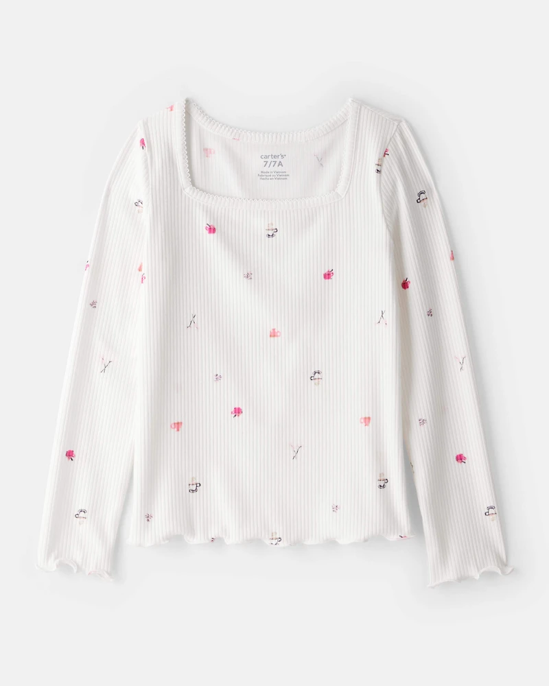 Girls Cafe-Print Ribbed Top - Ivory