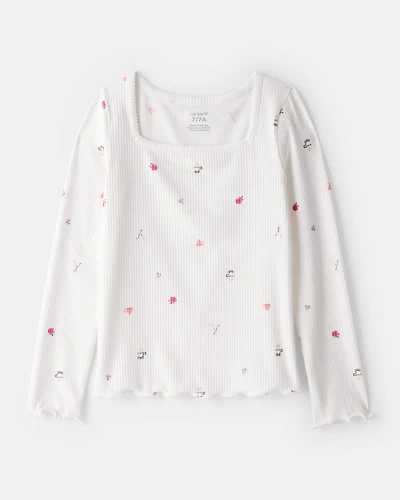 Girls Cafe-Print Ribbed Top - Ivory