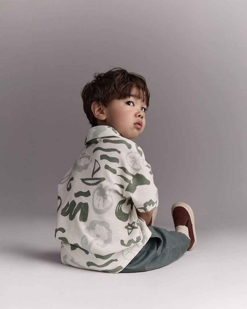Toddler Boy Button-Down Short Sleeve Shirt Sailboat Print - Cream